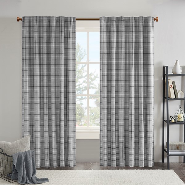 Madison Park Anaheim Plaid Rod Pocket and Back Tab Curtain Panel with Fleece Lining in Grey, 50x84" MP40-8274