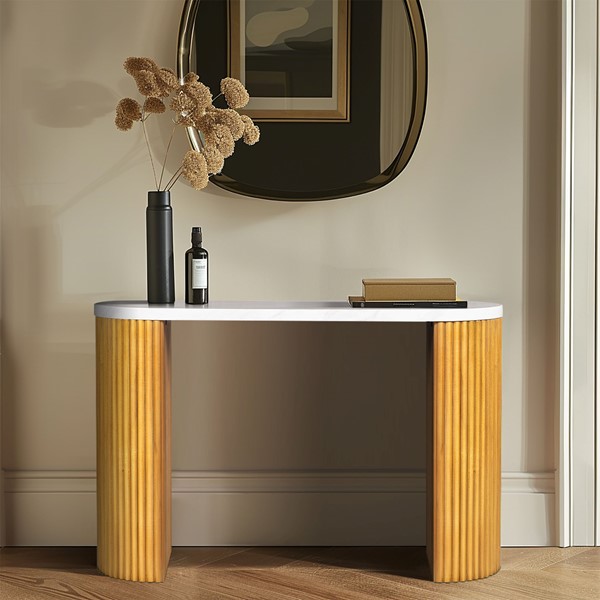 INK+IVY Layana Faux White Marble Console Table with Reeded Wooden Pillar Legs in Natural/Faux White Marble II120-0574