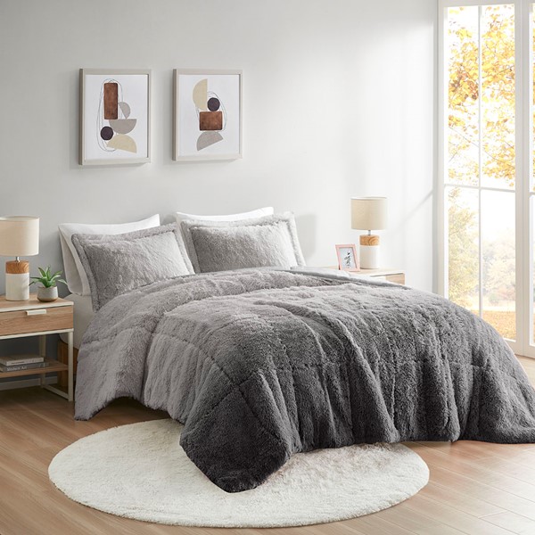 Intelligent Design Brielle Ombre Shaggy Long Fur Comforter Mini Set in Grey, Full/Queen ID10-2147