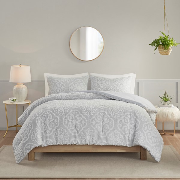 Madison Park Everly 3 Piece Tufted Woven Medallion Comforter Set in Grey/White, King/Cal King MP10-8304