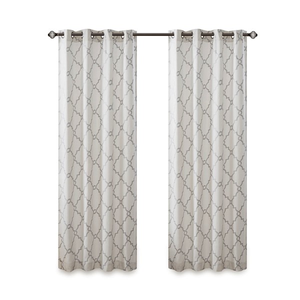 Madison Park Saratoga Fretwork Print Grommet Top Window Curtain Panel in Ivory/Grey, 50x84" MP40-2396