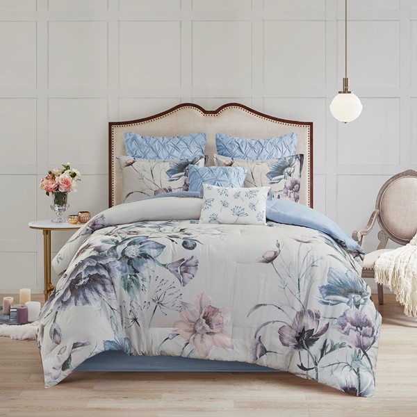 Madison Park Cassandra 8 Piece Cotton Printed Comforter Set in Blue, King MP10-7835