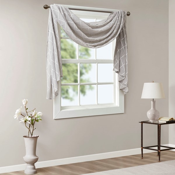 Madison Park Irina Diamond Sheer Embroidered Window Scarf in Grey, 50x144" MP40-4942