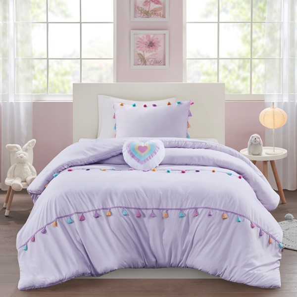 Mi Zone Kids Tessa Tassel Comforter Set with Heart Shaped Throw Pillow in Lavender, Twin MZK10-273