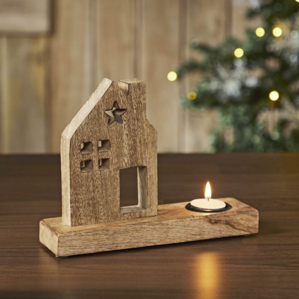 Tealight Holder Wooden Saltbox House w/ Star Natural 9x6.75x2.5