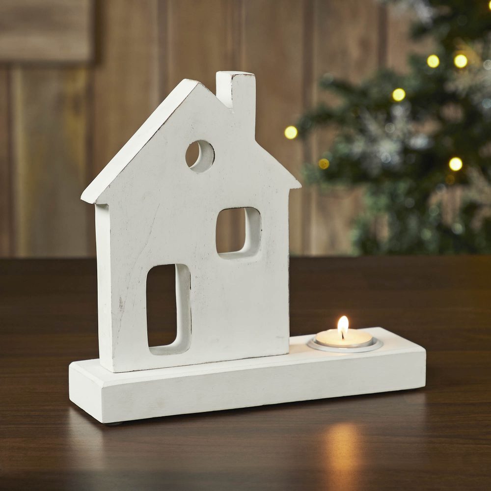 Tealight Holder Village House White 9x8.25x2.5