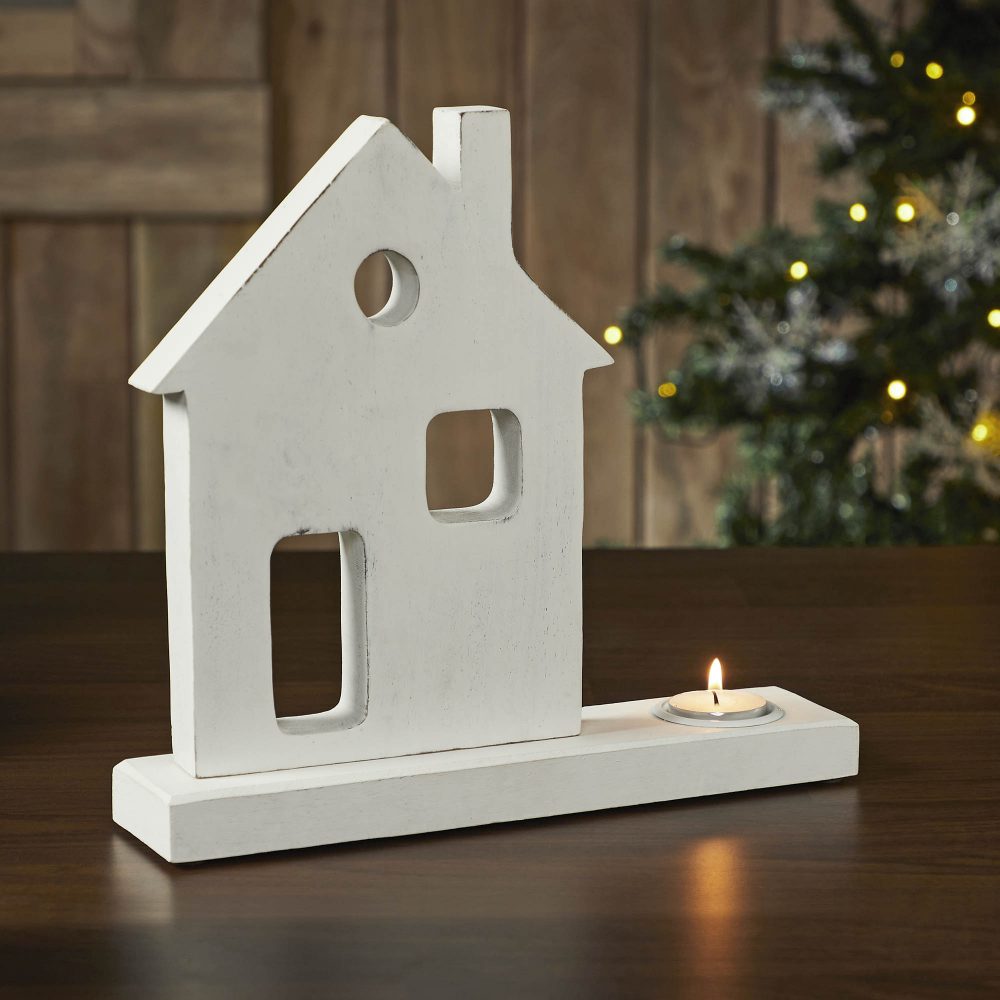 Tealight Holder Village House White 11x10.25x2.5