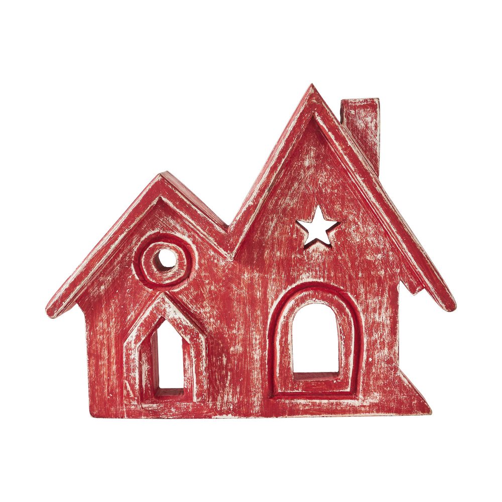 Village Twin House Red w/ Star Wooden Figurine 9.5x7.5x1.5