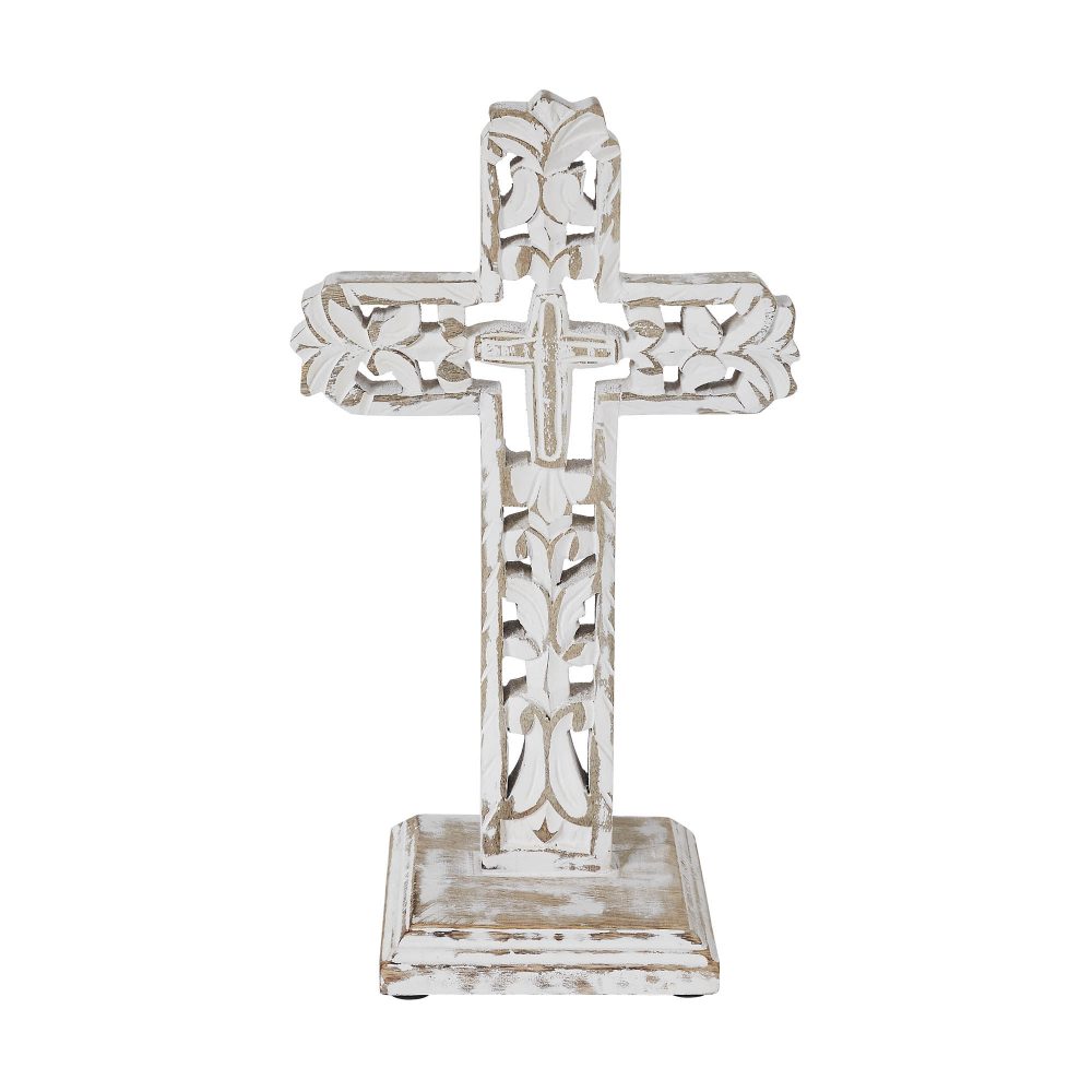 Distressed White Ornate Wooden Cross w/ Base 13x7.5x5