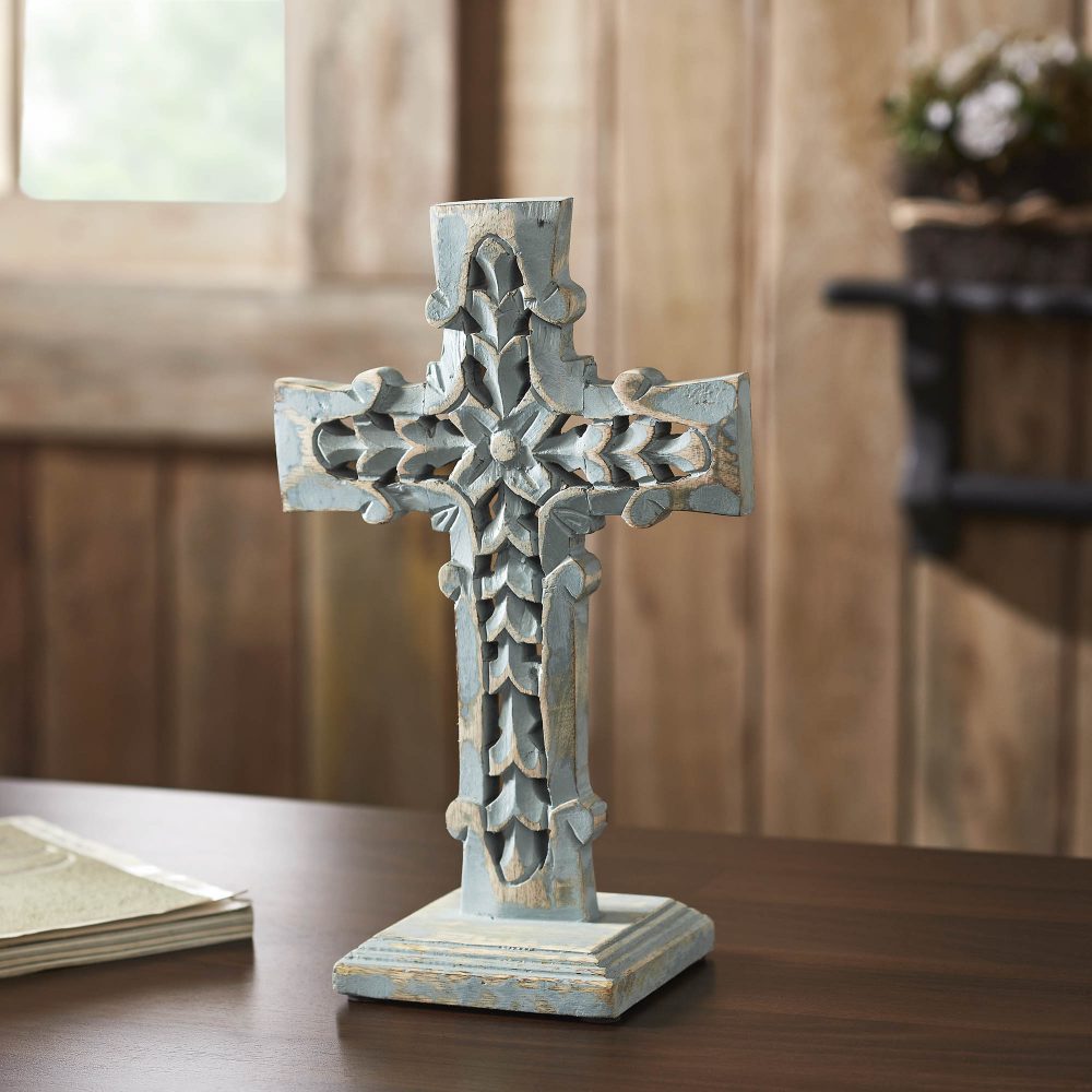 Distressed Grey Wooden Cross w/ Rosette Center & Base 13x8x5