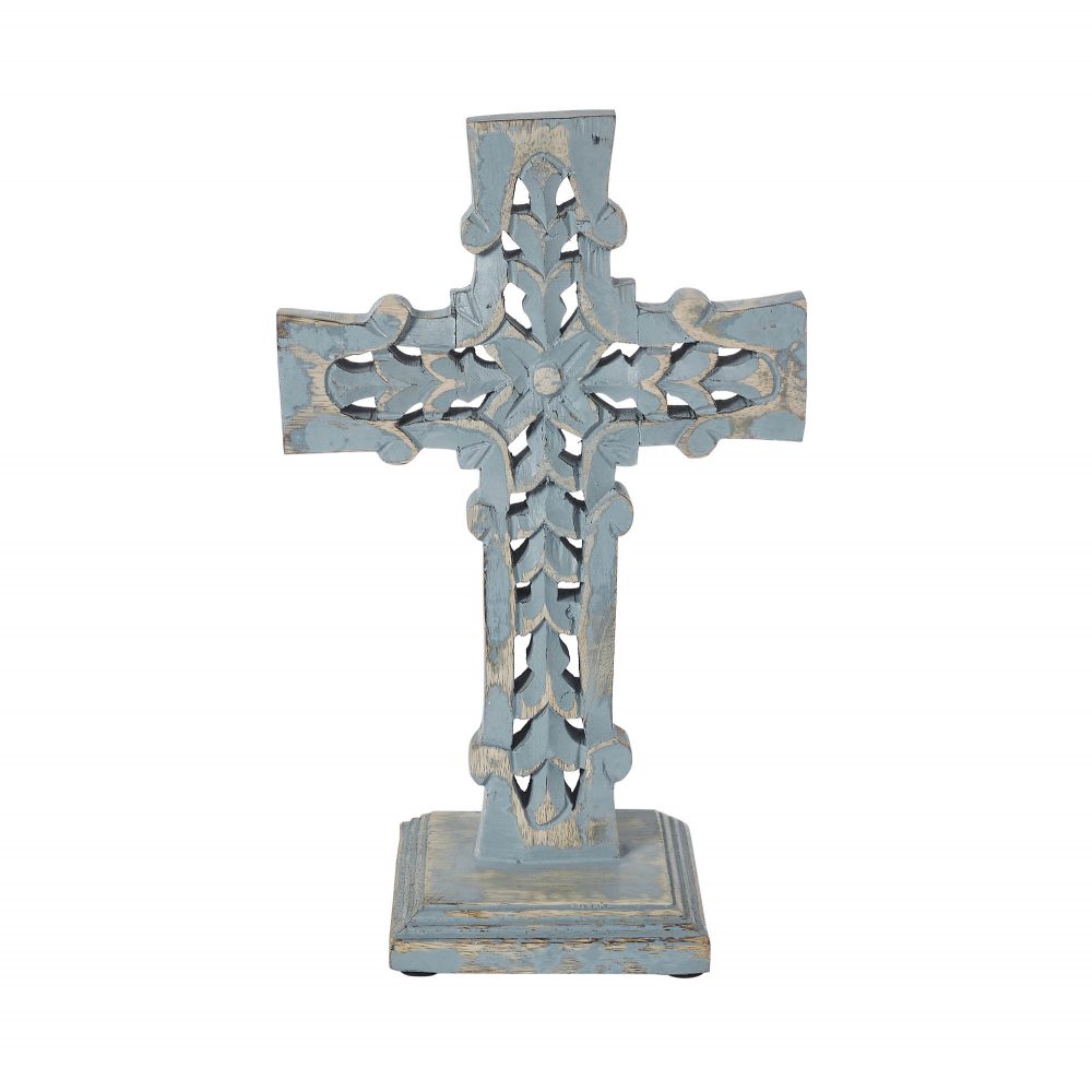 Distressed Grey Wooden Cross w/ Rosette Center & Base 13x8x5