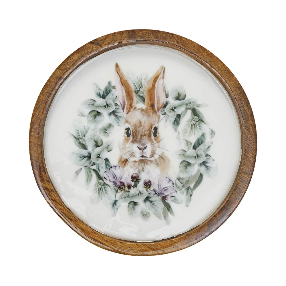 Bunny Hop Wooden Plate Natural w/ Bunny & Wreath 8 inch Diameter