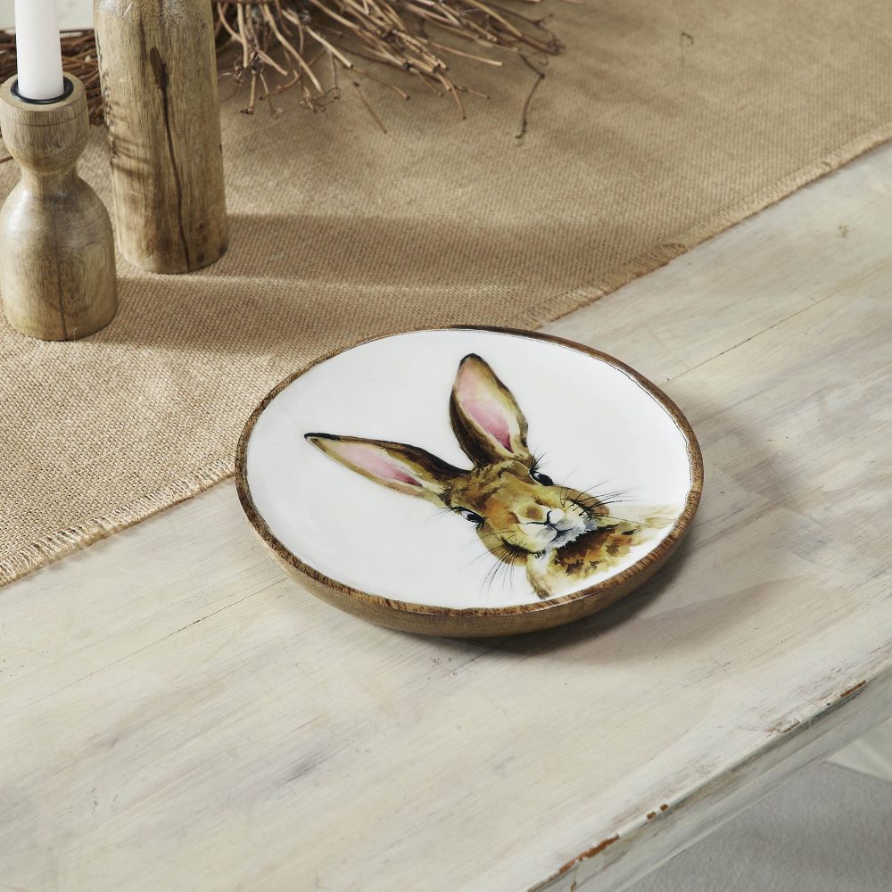 Bunny Hop Wooden Plate White w/ Bunny 8.5 inch Diameter