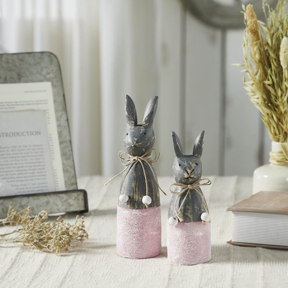 Spring In Bloom Wooden Cone Bunnies w/ Pink Base Set of 2 Sizes