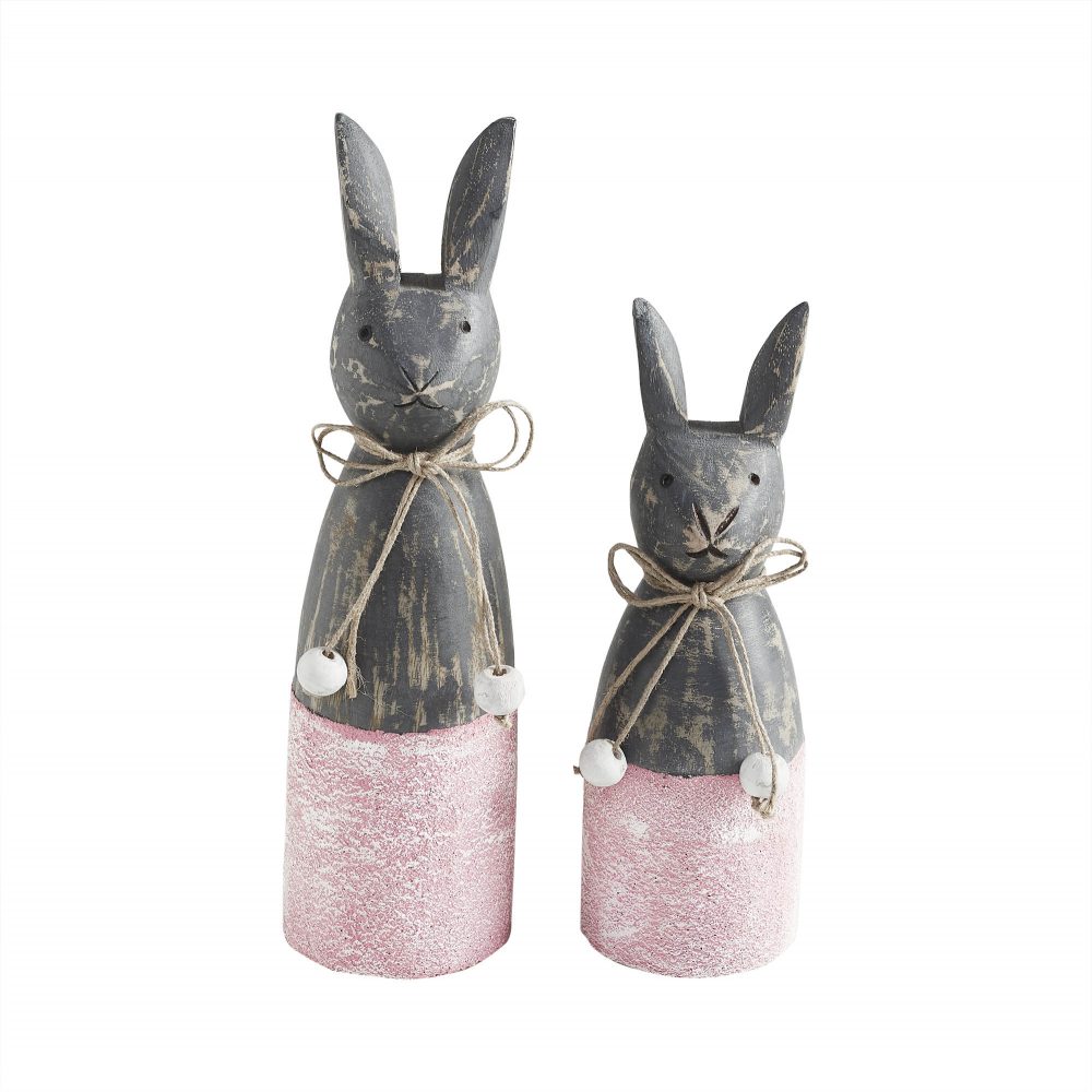 Spring In Bloom Wooden Cone Bunnies w/ Pink Base Set of 2 Sizes