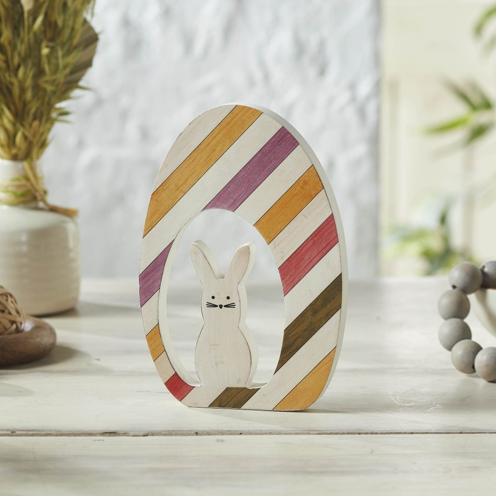 Bunny Hop MDF Bunny In Striped Egg 8x5.5x0.75