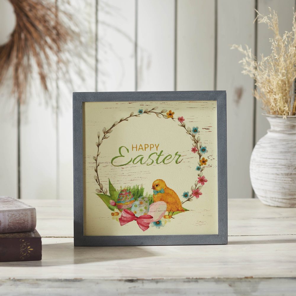 Bunny Hop Happy Easter Chick & Wreath MDF Wall Sign 12x12x0.5