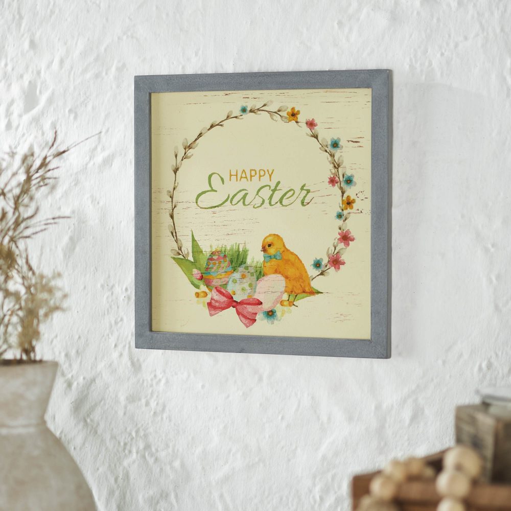 Bunny Hop Happy Easter Chick & Wreath MDF Wall Sign 12x12x0.5