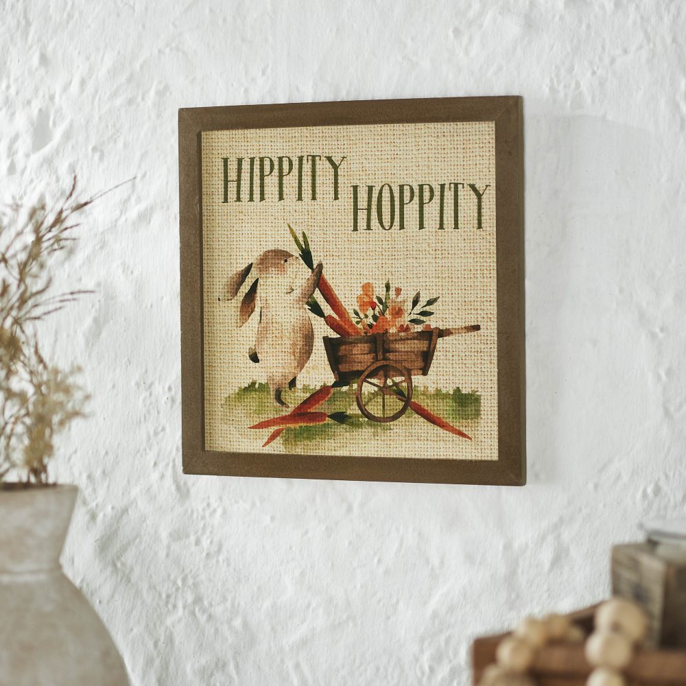 Bunny Hop Hippity Hoppity Bunny & Carrot Wagon MDF Wall Sign 12x12x0.5