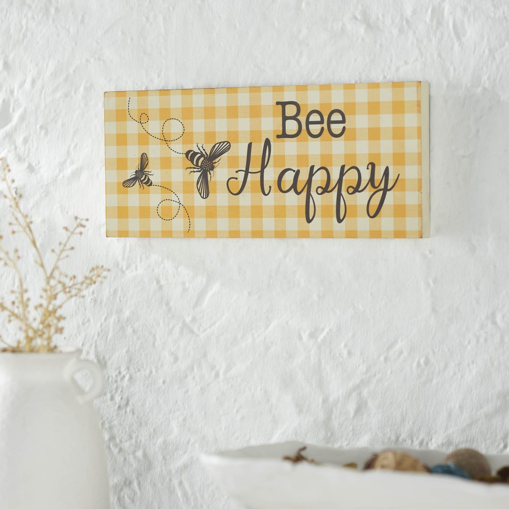 Buzzy Bees Bee Happy Honey Check MDF Wall Sign 7x16x1