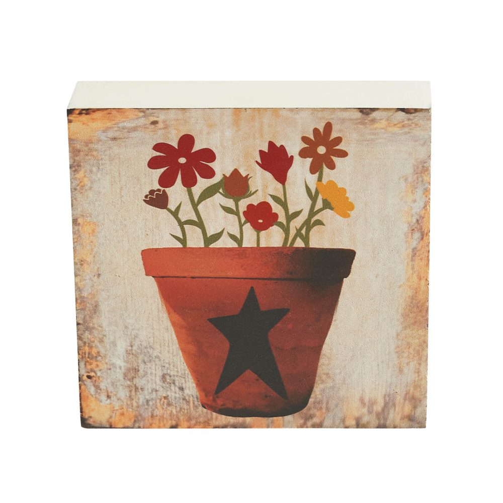 Spring In Bloom Flower Pot w/ Primitive Star MDF Block Sign 5x5x1