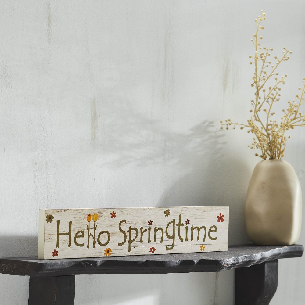 Spring In Bloom Hello Springtime w/ Flowers MDF Wall Sign 3x14x0.75