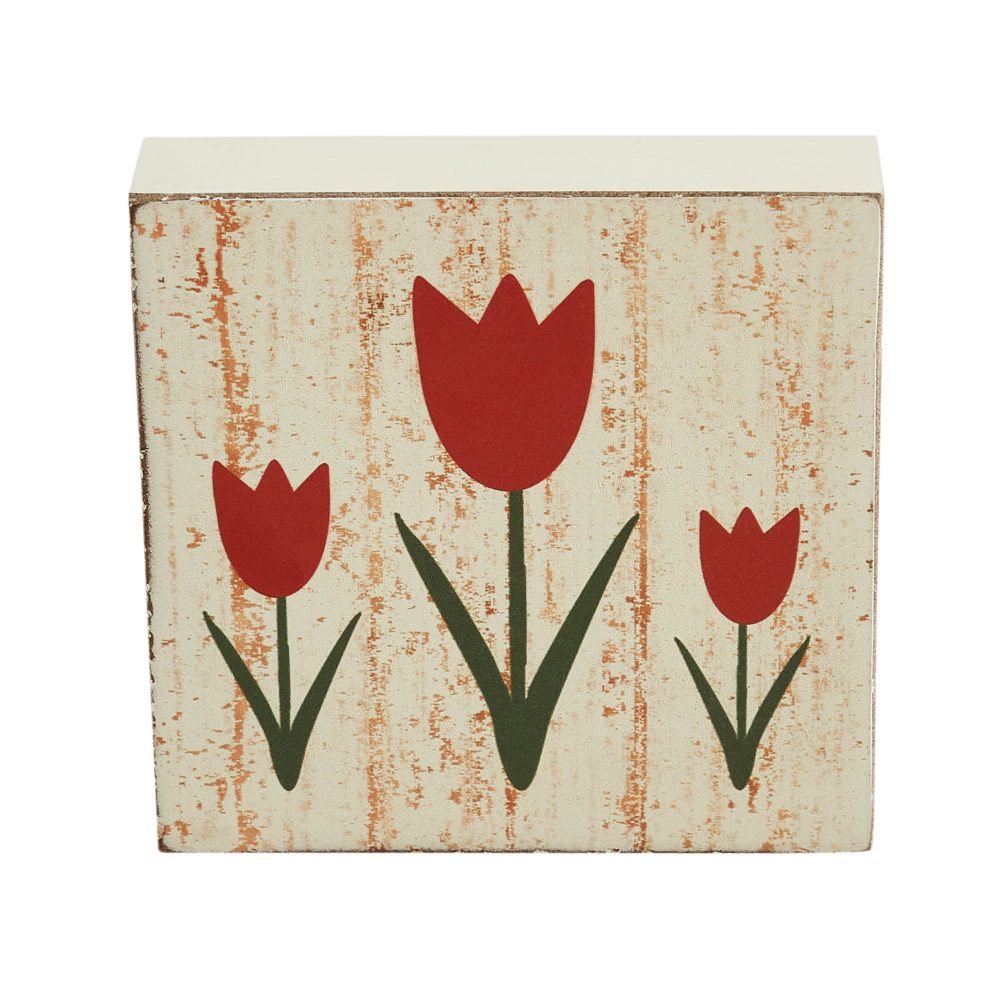 Spring In Bloom Red Tulips Distressed Antique White MDF Block Sign 5x5x1