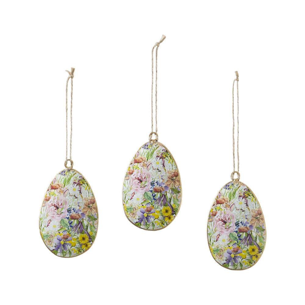 Spring In Bloom Metal Floral Egg Ornament Set of 3 4x2.5