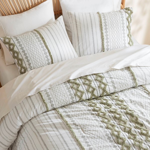 INK+IVY Imani Cotton Printed Comforter Set with Chenille in Sage/Ivory, Full/Queen II10-1346