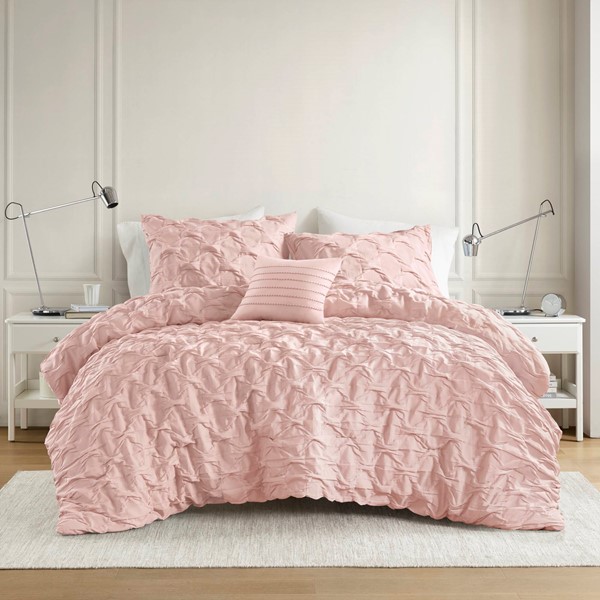 Comfort Spaces Bailey Diamond Pintuck Pleated Woven Comforter Set in Pink, Full/Queen AM10-0533