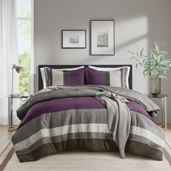 Comfort Spaces Highland Stripe Pieced Faux Suede Comforter Set in Purple, King/Cal King AM10-0295