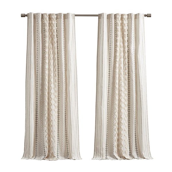 INK+IVY Imani Cotton Printed Curtain Panel with Chenille Stripe and Lining in Ivory, 50x108" II40-1345