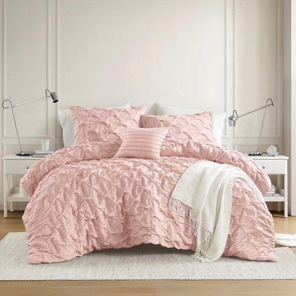 Comfort Spaces Bailey Diamond Pintuck Pleated Woven Comforter Set in Pink, Full/Queen AM10-0533