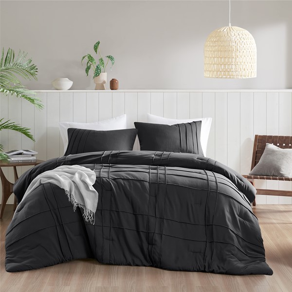 Comfort Spaces Walker Soft Washed Pleated Comforter Set in Black, Twin/Twin XL AM10-0143