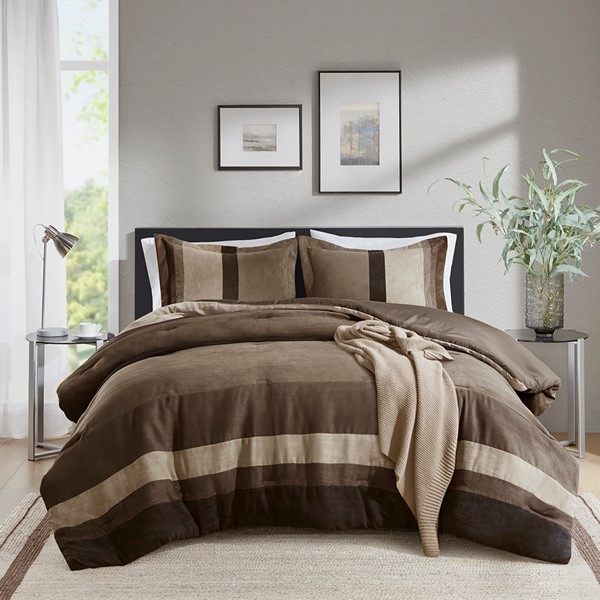 Comfort Spaces Highland Stripe Pieced Faux Suede Comforter Set in Brown, Full/Queen AM10-0032