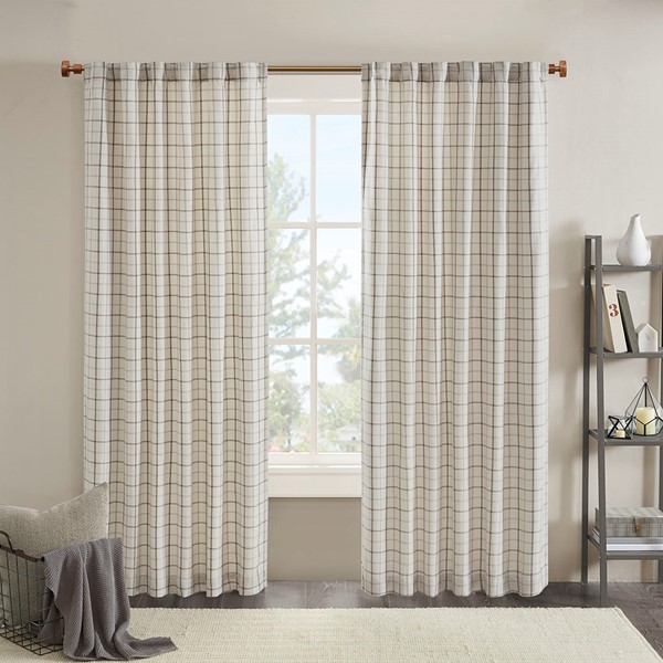 Madison Park Anaheim Plaid Rod Pocket and Back Tab Curtain Panel with Fleece Lining in Natural, 50x108" MP40-8522