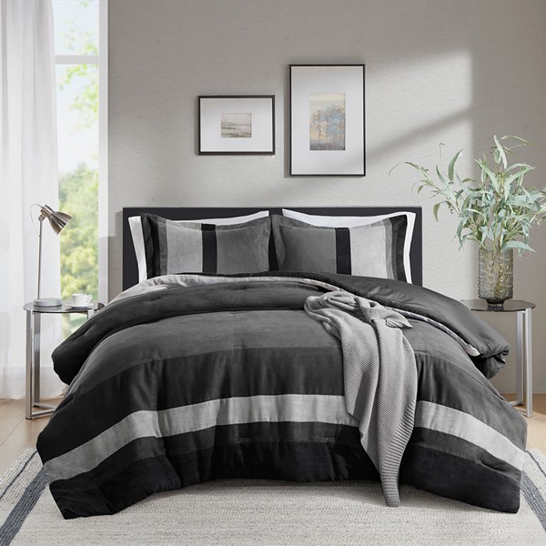 Comfort Spaces Highland Stripe Pieced Faux Suede Comforter Set in Black, Twin/Twin XL AM10-0028