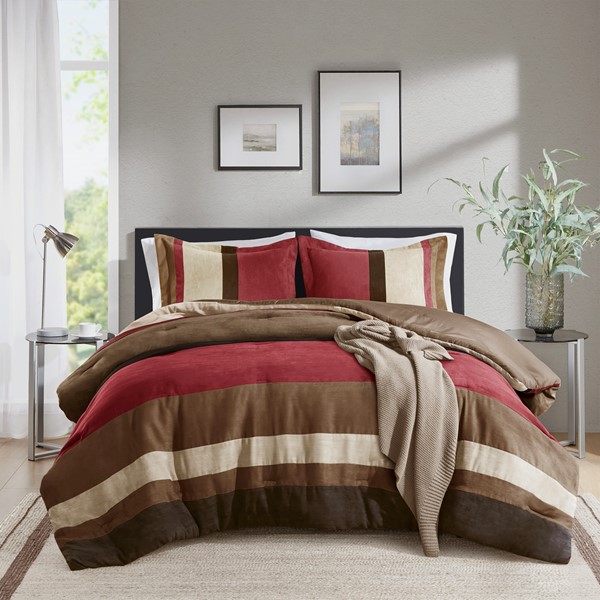 Comfort Spaces Highland Stripe Pieced Faux Suede Comforter Set in Brick, Twin/Twin XL AM10-0290