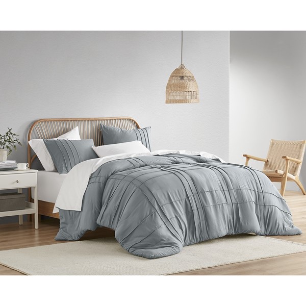 Comfort Spaces Walker Soft Washed Pleated Comforter Set in Blue/Grey, Full AM10-0464