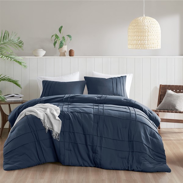 Comfort Spaces Walker Soft Washed Pleated Comforter Set in Navy, King AM10-0400