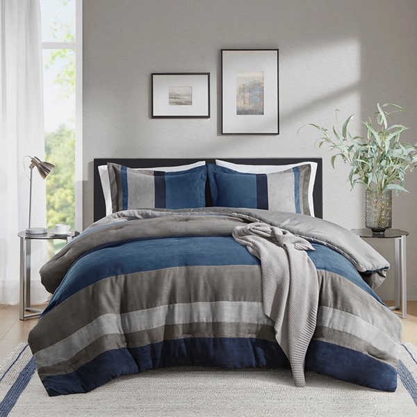 Comfort Spaces Highland Stripe Pieced Faux Suede Comforter Set in Blue, Full/Queen AM10-0026