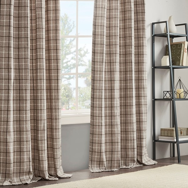 Madison Park Anaheim Plaid Rod Pocket and Back Tab Curtain Panel with Fleece Lining in Brown, 50x108" MP40-8523