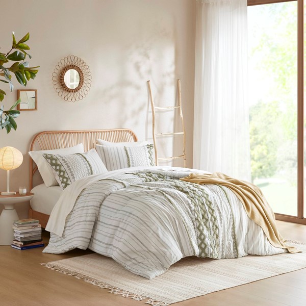 INK+IVY Imani Cotton Printed Comforter Set with Chenille in Sage/Ivory, Full/Queen II10-1346