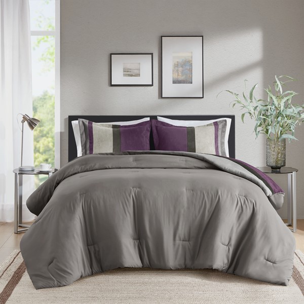 Comfort Spaces Highland Stripe Pieced Faux Suede Comforter Set in Purple, King/Cal King AM10-0295