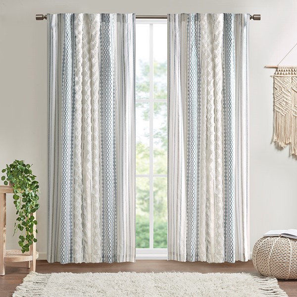 INK+IVY Imani Cotton Printed Curtain Panel with Chenille Stripe and Lining in White/Navy, 50x108" II40-1344