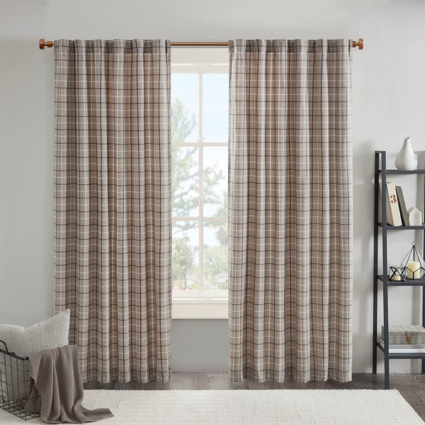 Madison Park Anaheim Plaid Rod Pocket and Back Tab Curtain Panel with Fleece Lining in Brown, 50x108" MP40-8523