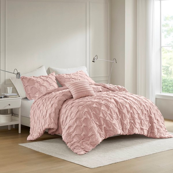 Comfort Spaces Bailey Diamond Pintuck Pleated Woven Comforter Set in Pink, Twin/Twin XL AM10-0532