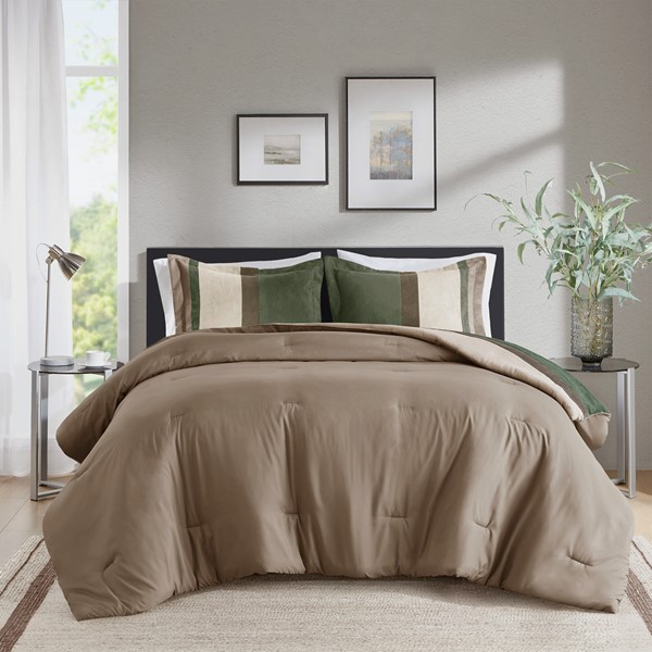 Comfort Spaces Highland Stripe Pieced Faux Suede Comforter Set in Green, King/Cal King AM10-0298