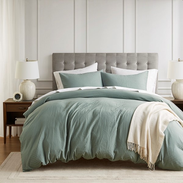 Comfort Spaces Aera Waffle Weave Textured Duvet Cover Set in Sage Green, Full/Queen AM12-0047