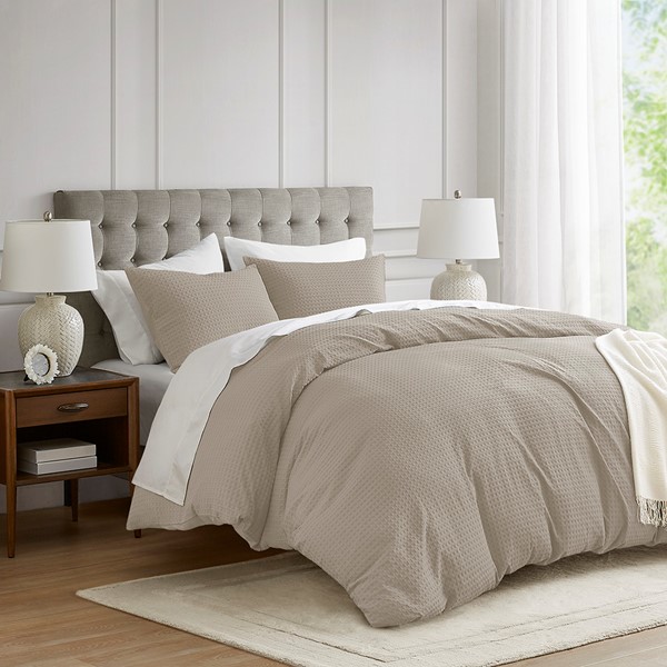 Comfort Spaces Aera Waffle Weave Textured Duvet Cover Set in Neutral, Full/Queen AM12-0050